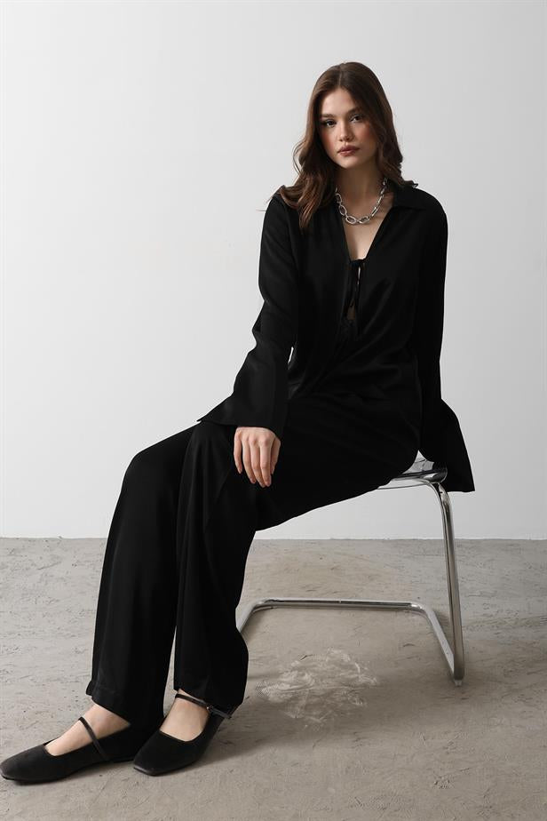 RYN Front Pleated Blouse and Pants Set - Black - Úbeda
