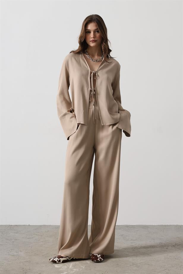 RYN Front Pleated Blouse and Pants Set - Mink - Penfield