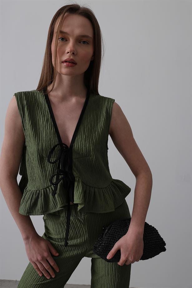RYN Tied Front Ruffled Knit Set - Khaki - St. Louis