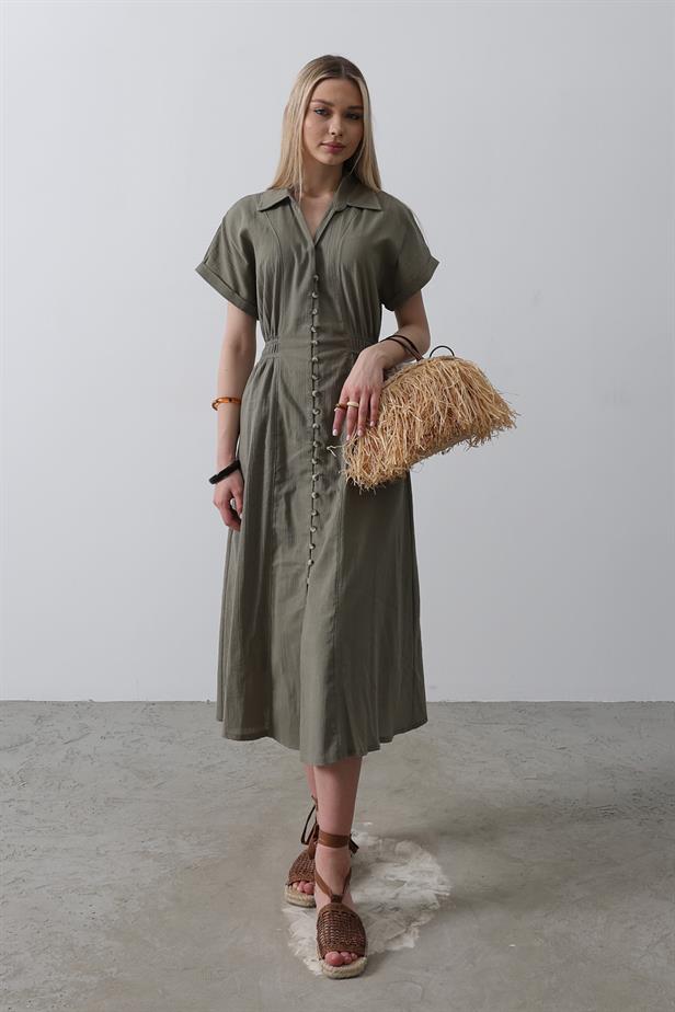 RYN Button-Front Short Sleeve Dress - Khaki - Villena