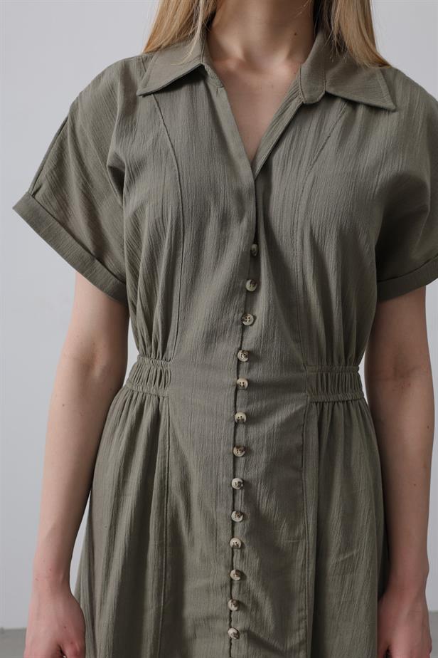 RYN Button-Front Short Sleeve Dress - Khaki - Villena