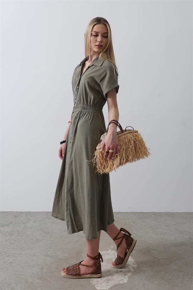 RYN Button-Front Short Sleeve Dress - Khaki - Villena