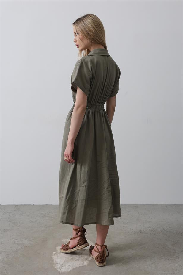 RYN Button-Front Short Sleeve Dress - Khaki - Villena