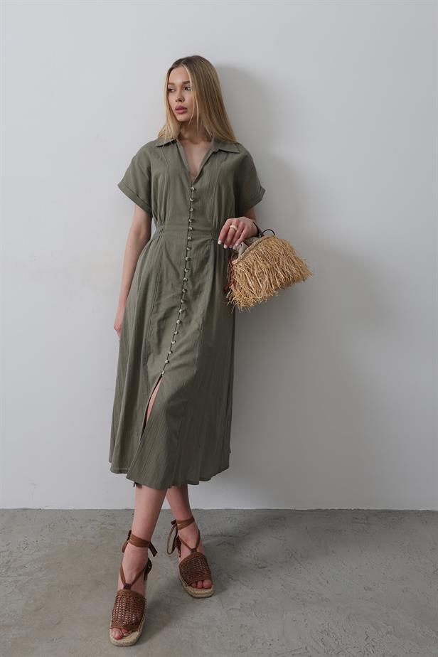RYN Button-Front Short Sleeve Dress - Khaki - Villena