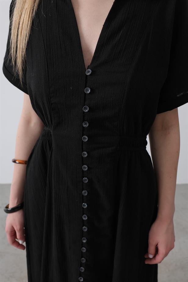 RYN Button-Front Short Sleeve Dress - Black - Tonbridge