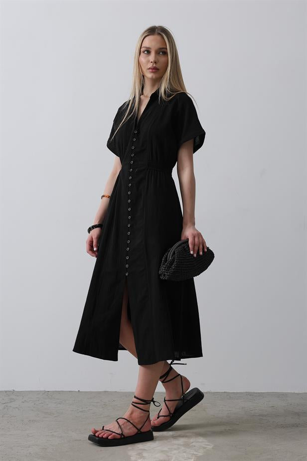 RYN Button-Front Short Sleeve Dress - Black - Tonbridge