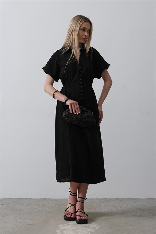 RYN Button-Front Short Sleeve Dress - Black - Tonbridge
