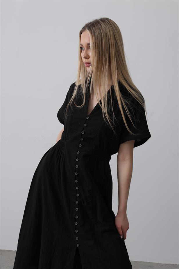 RYN Button-Front Short Sleeve Dress - Black - Tonbridge