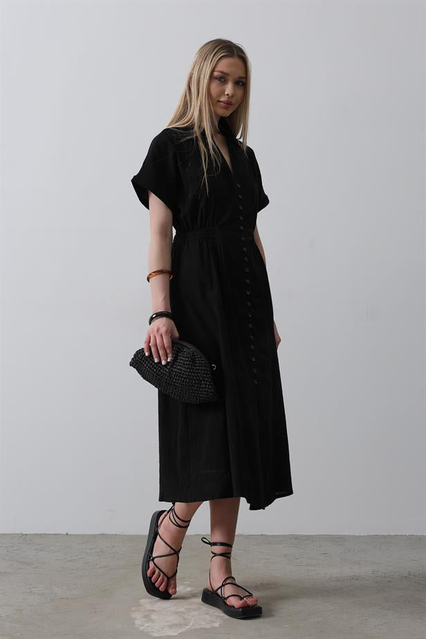 RYN Button-Front Short Sleeve Dress - Black - Tonbridge