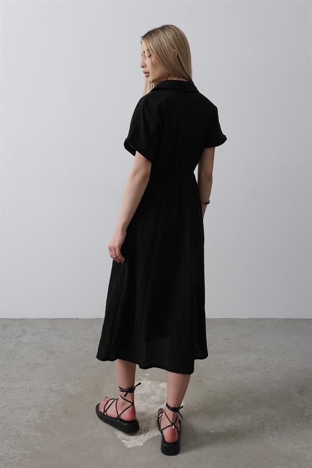 RYN Button-Front Short Sleeve Dress - Black - Tonbridge