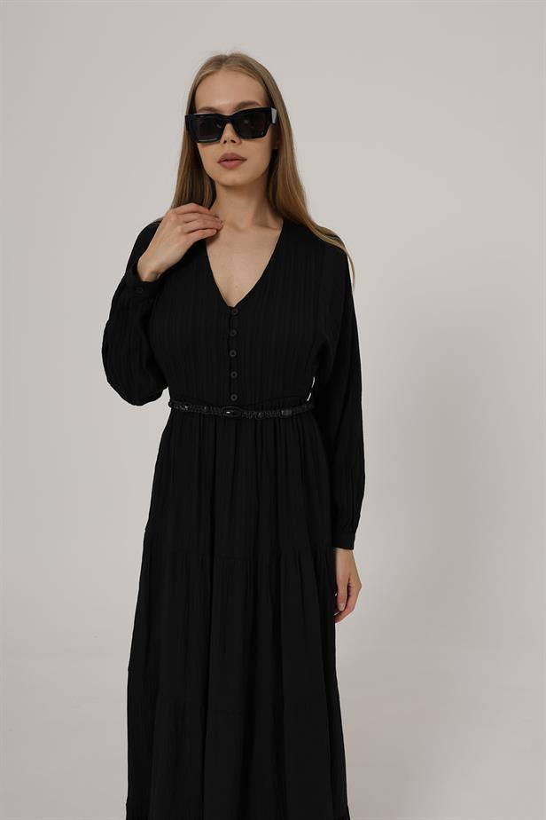 RYN Front Half Buttoned Long Sleeve Belted Dress - Black - North Vancouver