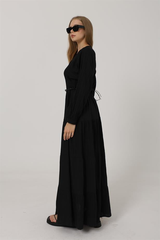 RYN Front Half Buttoned Long Sleeve Belted Dress - Black - North Vancouver