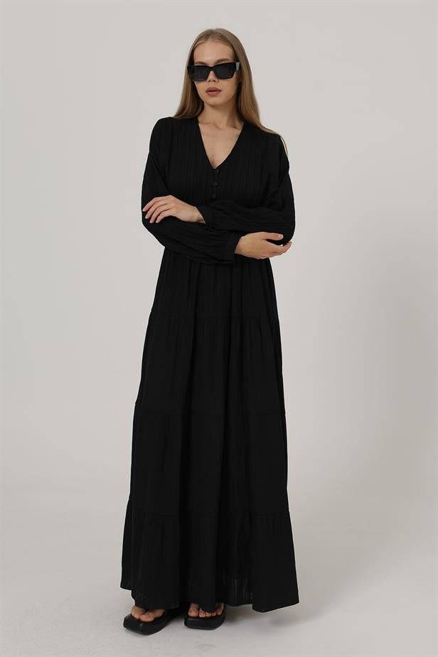RYN Front Half Buttoned Long Sleeve Belted Dress - Black - North Vancouver