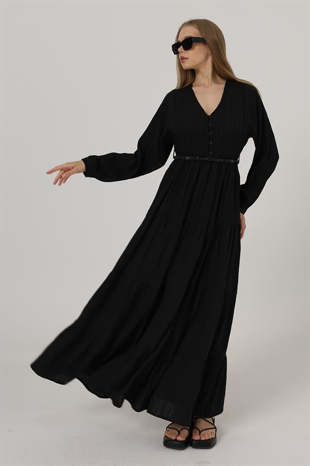 RYN Front Half Buttoned Long Sleeve Belted Dress - Black - North Vancouver