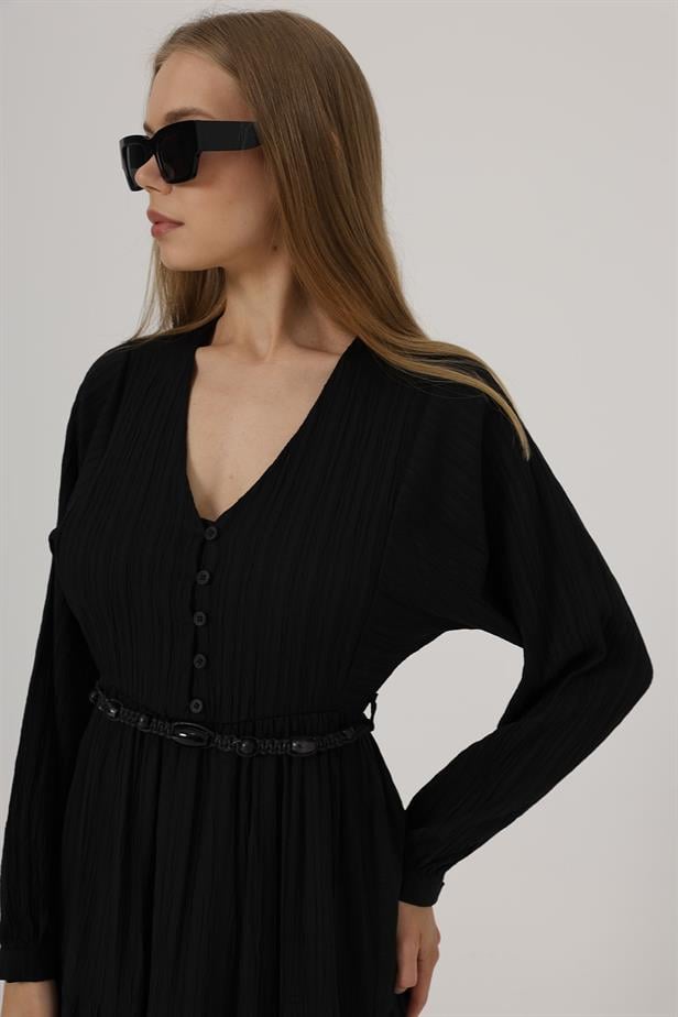 RYN Front Half Buttoned Long Sleeve Belted Dress - Black - North Vancouver