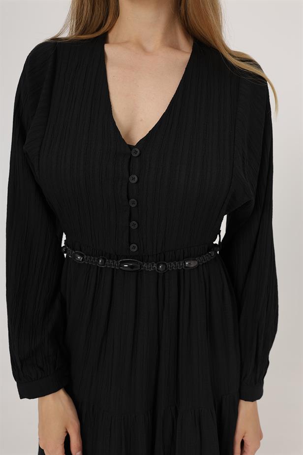 RYN Front Half Buttoned Long Sleeve Belted Dress - Black - North Vancouver