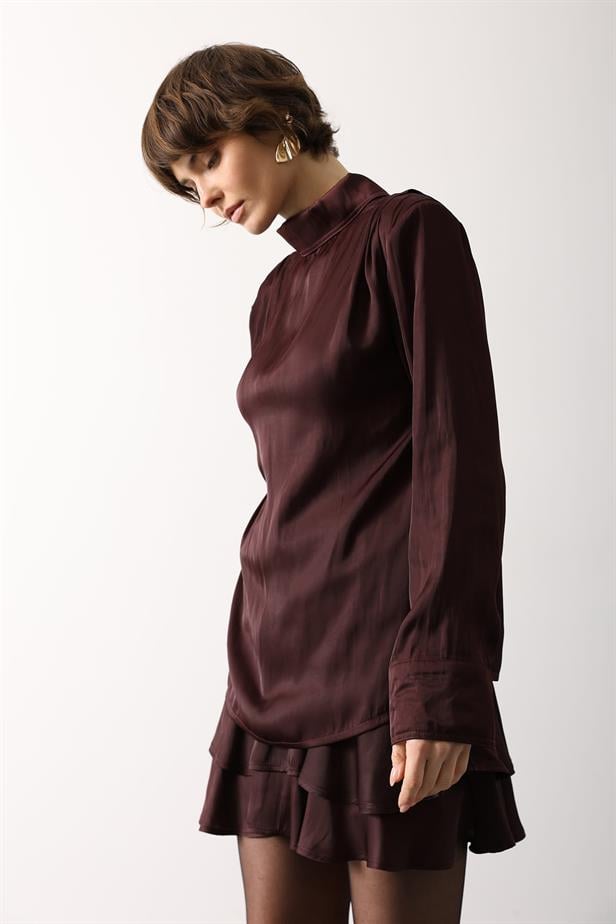 RYN SATIN PILE DETAILED BLOUSE - Burgundy - Bendigo