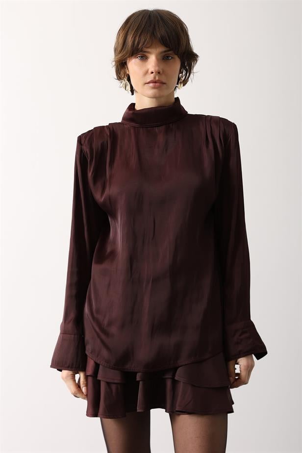 RYN SATEN PİLE DETAYLI BLUZ - Bordo - Sterling Heights