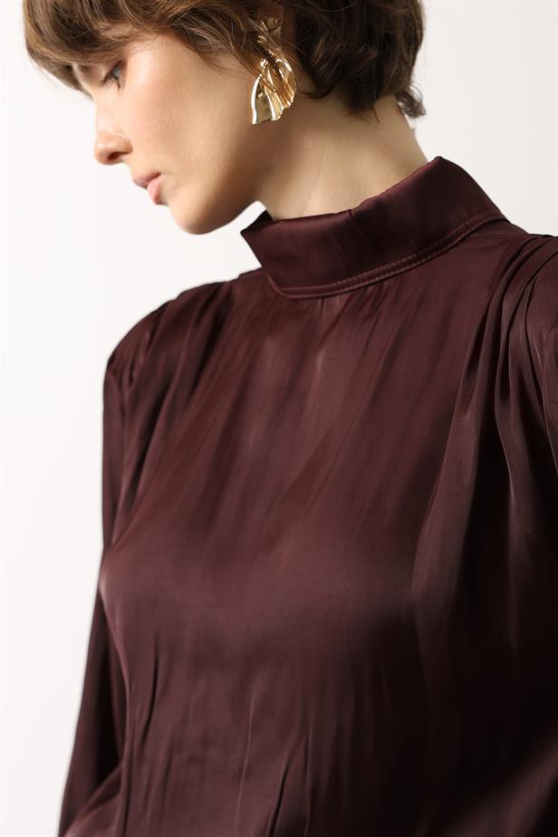 RYN SATIN PILE DETAILED BLOUSE - Burgundy - Bendigo
