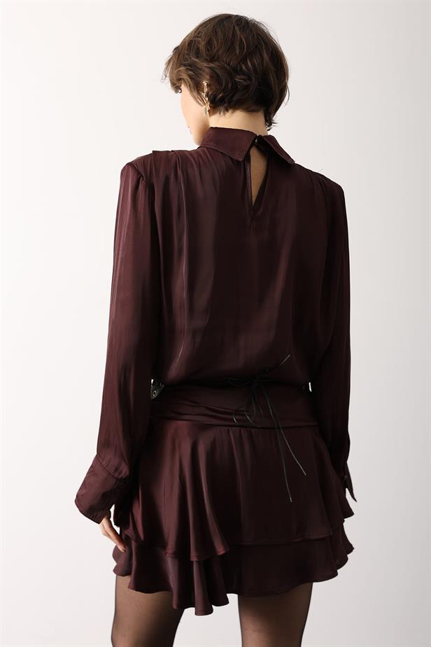 RYN SATEN PİLE DETAYLI BLUZ - Bordo - Sterling Heights