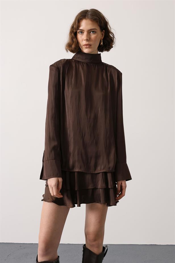 RYN SATIN PILE DETAILED BLOUSE - Brown - Delray Beach