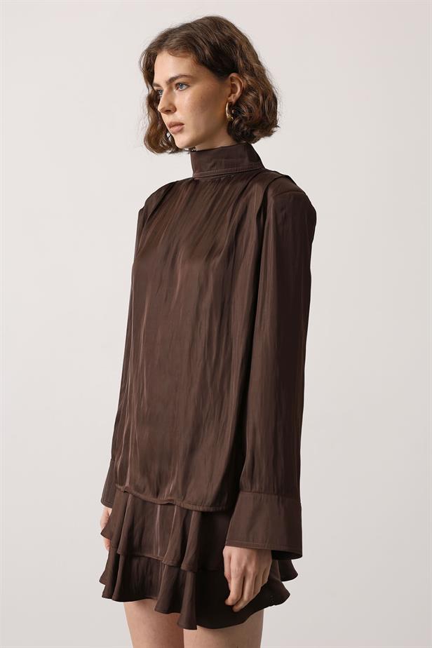 RYN SATIN PILE DETAILED BLOUSE - Brown - Delray Beach