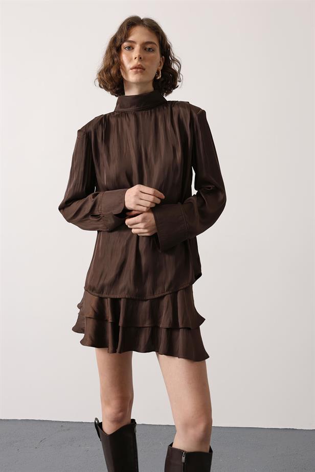 RYN SATIN PILE DETAILED BLOUSE - Brown - Delray Beach