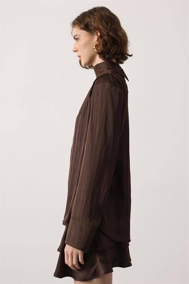 RYN SATIN PILE DETAILED BLOUSE - Brown - Delray Beach