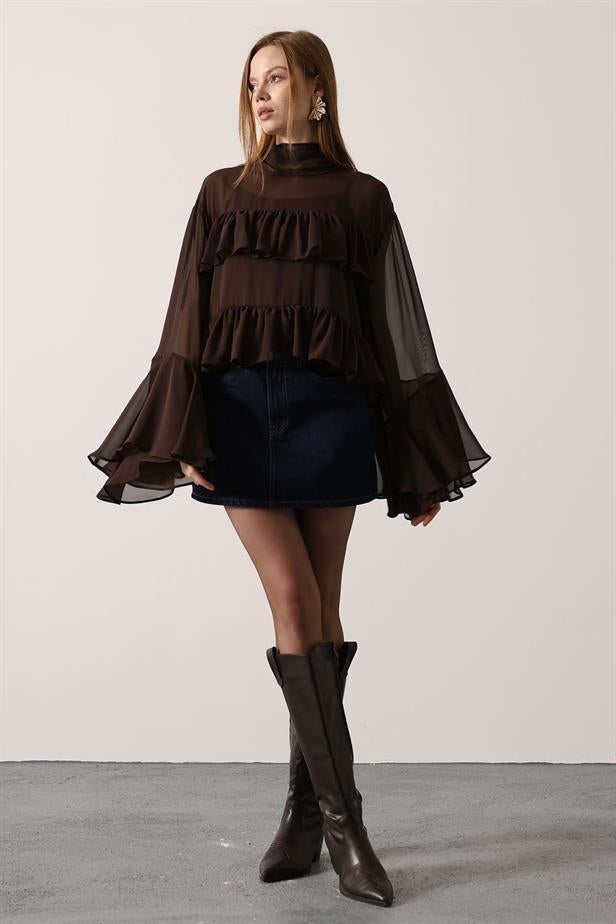 RYN CHIFFON FLOWY LONG SLEEVE BLOUSE - Brown - Rosenberg