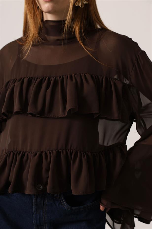 RYN CHIFFON FLOWY LONG SLEEVE BLOUSE - Brown - Rosenberg