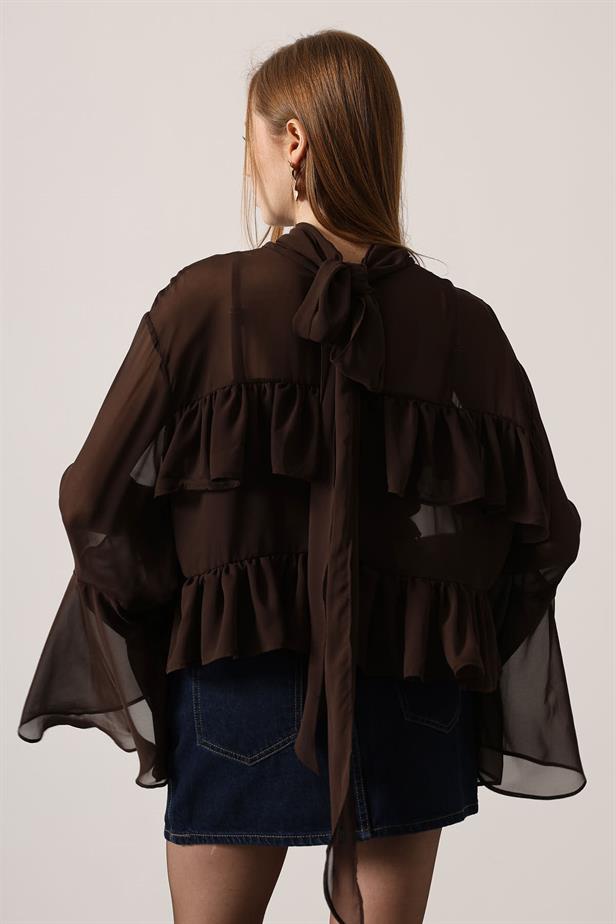 RYN CHIFFON FLOWY LONG SLEEVE BLOUSE - Brown - Rosenberg