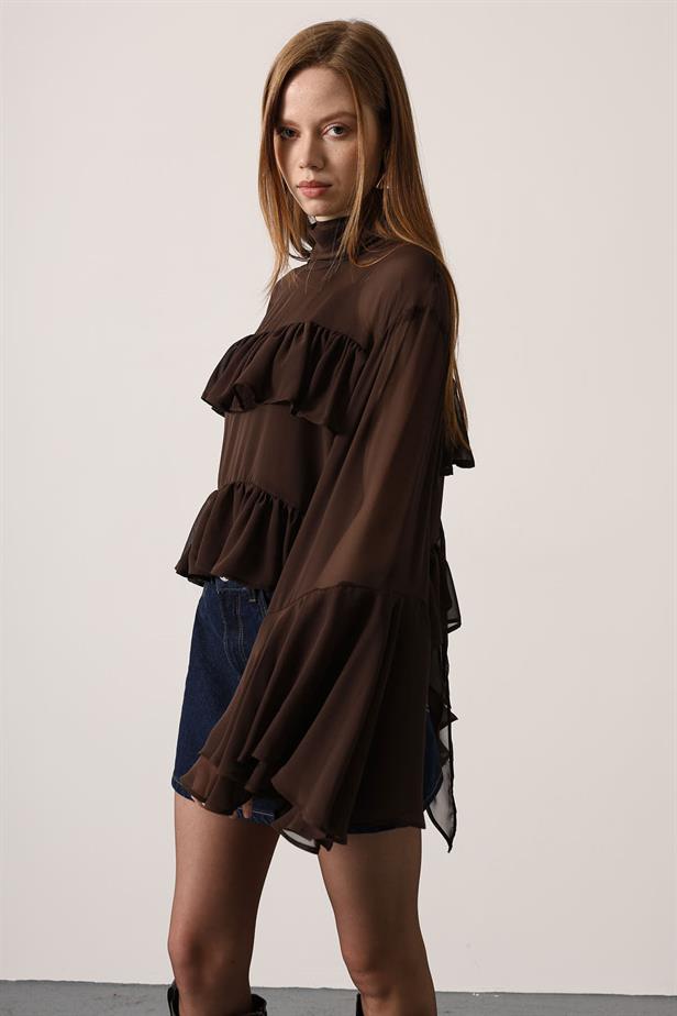 RYN CHIFFON FLOWY LONG SLEEVE BLOUSE - Brown - Rosenberg