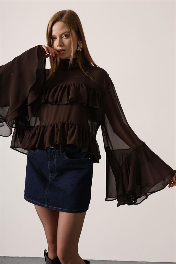 RYN CHIFFON FLOWY LONG SLEEVE BLOUSE - Brown - Rosenberg