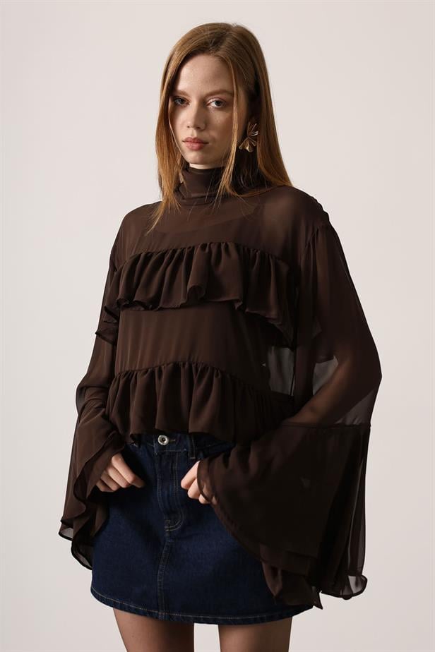 RYN CHIFFON FLOWY LONG SLEEVE BLOUSE - Brown - Rosenberg
