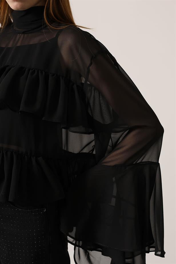 RYN CHIFFON FLOWY LONG SLEEVE BLOUSE - Black - Talence