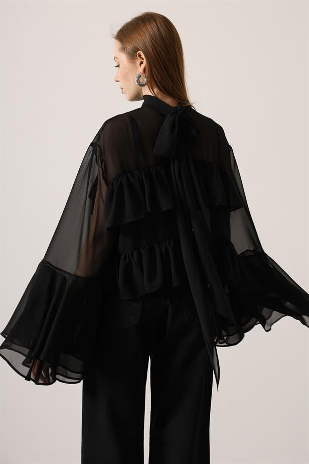 RYN CHIFFON FLOWY LONG SLEEVE BLOUSE - Black - Talence
