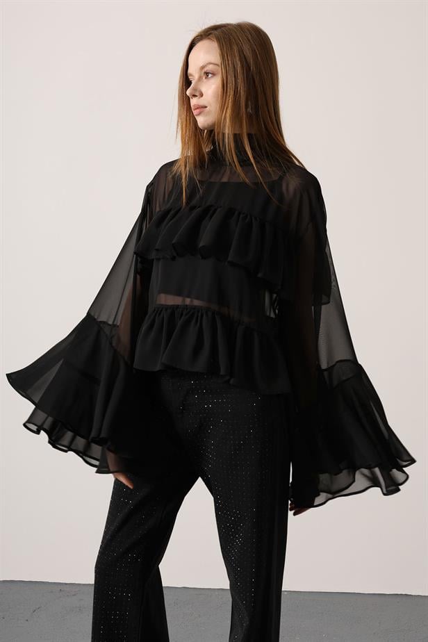 RYN CHIFFON FLOWY LONG SLEEVE BLOUSE - Black - Talence