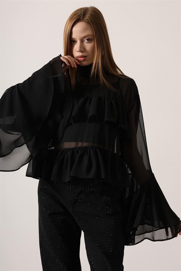 RYN CHIFFON FLOWY LONG SLEEVE BLOUSE - Black - Talence
