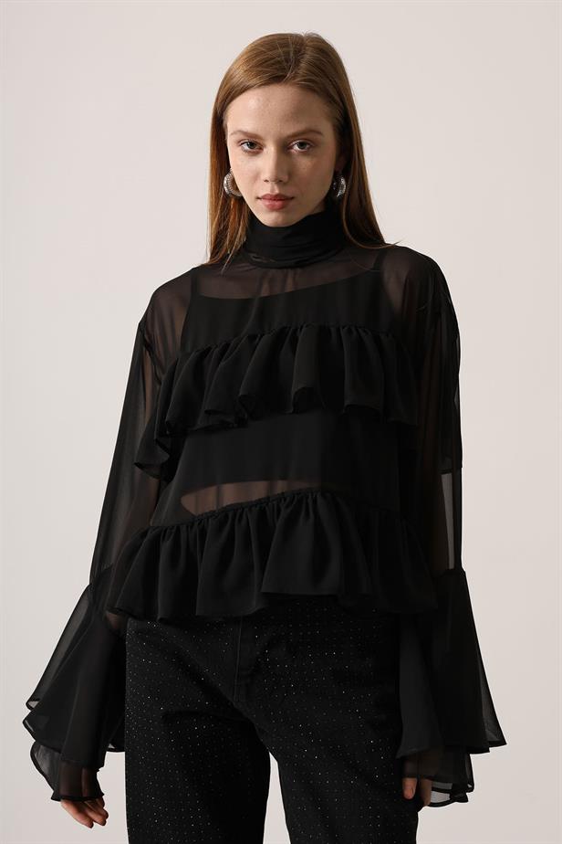 RYN CHIFFON FLOWY LONG SLEEVE BLOUSE - Black - Talence