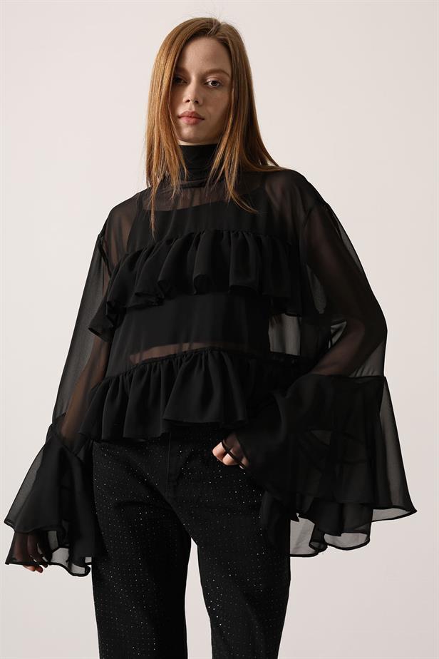 RYN CHIFFON FLOWY LONG SLEEVE BLOUSE - Black - Talence