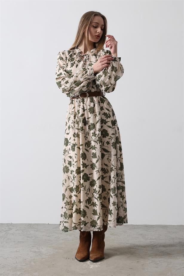 RYN Sequin Flower Pattern Dress - Green - Ecru - Leyland
