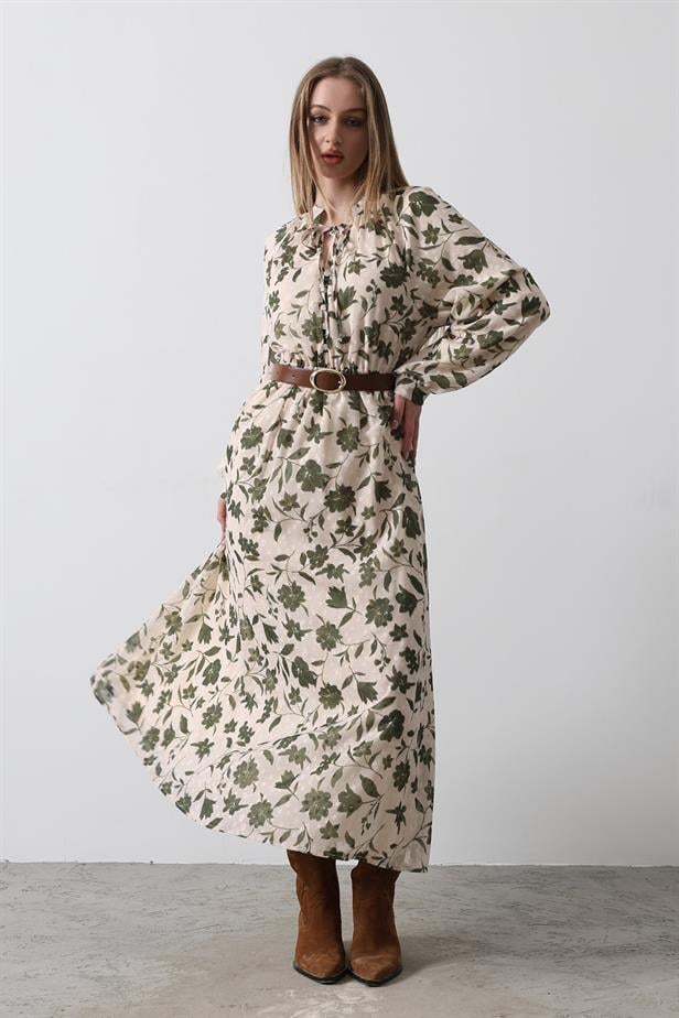 RYN Sequin Flower Pattern Dress - Green - Ecru - Leyland