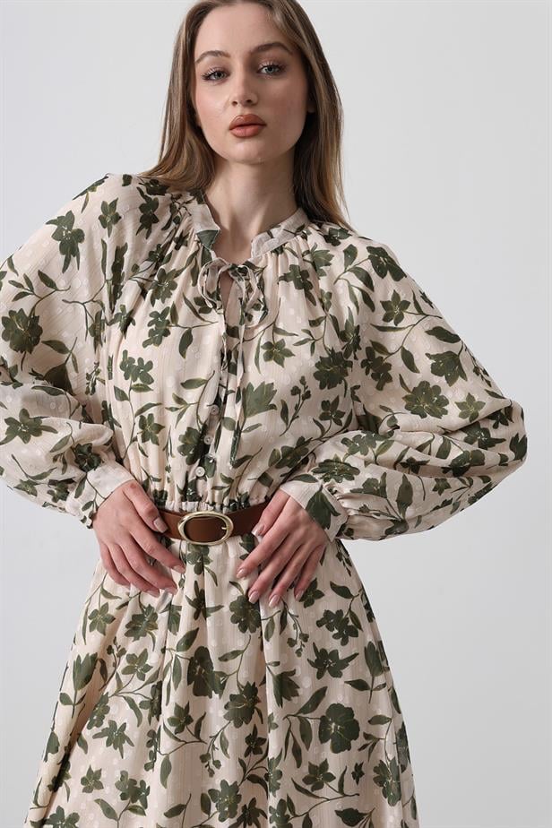 RYN Sequin Flower Pattern Dress - Green - Ecru - Leyland