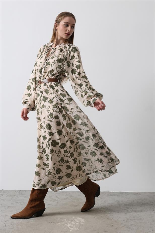 RYN Sequin Flower Pattern Dress - Green - Ecru - Leyland
