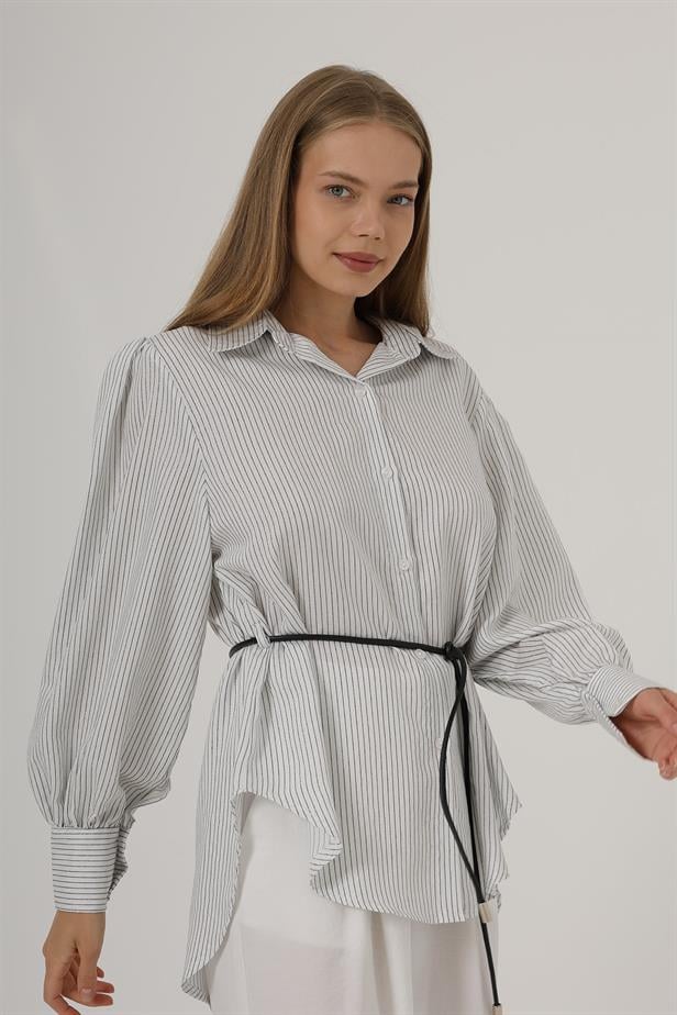 RYN Sequined Striped Belted Shirt - White - Leganés