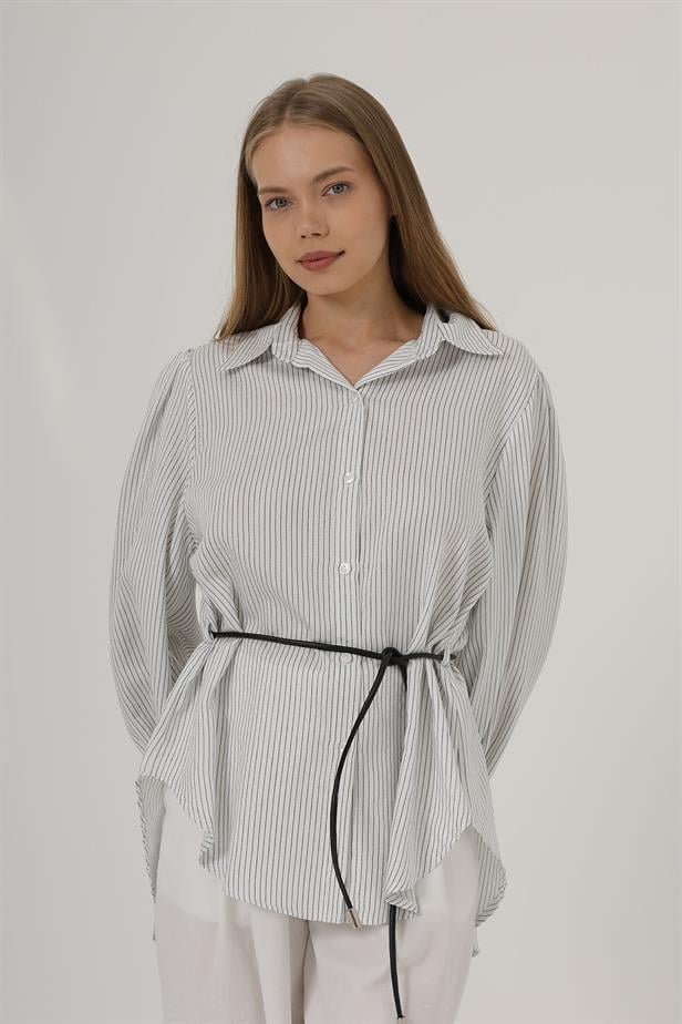 RYN Sequined Striped Belted Shirt - White - Leganés