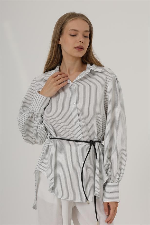 RYN Sequined Striped Belted Shirt - White - Leganés