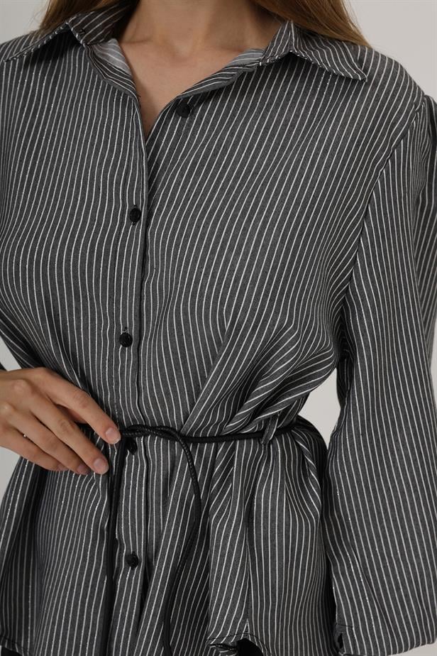 RYN Glitter Striped Belted Shirt - Black - Irapuato