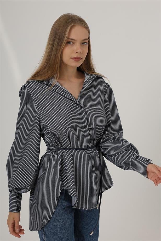 RYN Glitter Striped Belted Shirt - Navy - Villach
