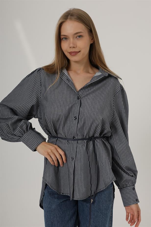 RYN Glitter Striped Belted Shirt - Navy - Villach